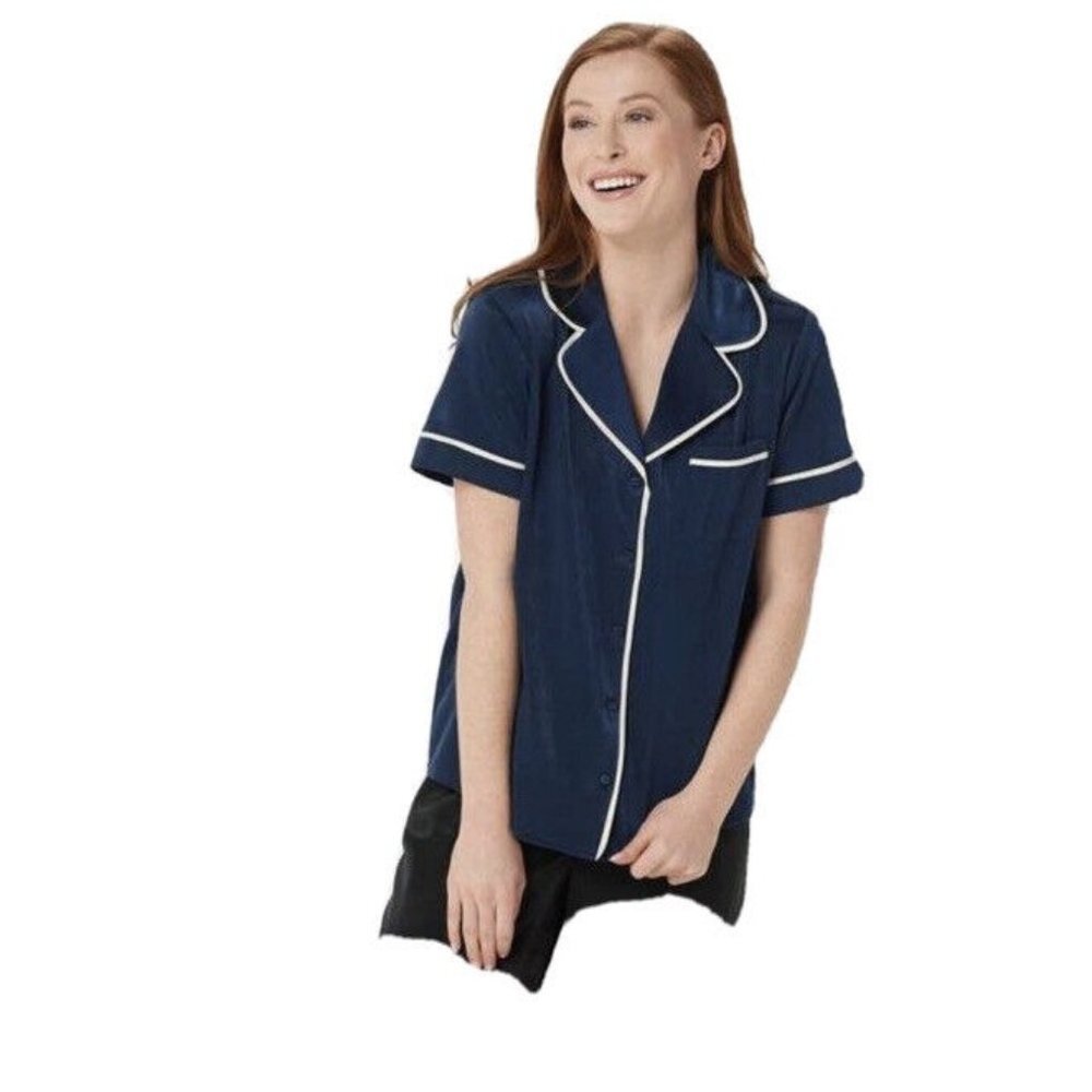 AnyBody Womens‎ XL Blue White Piping Short Sleeve Pants Shirt 2 Piece Pajama Set